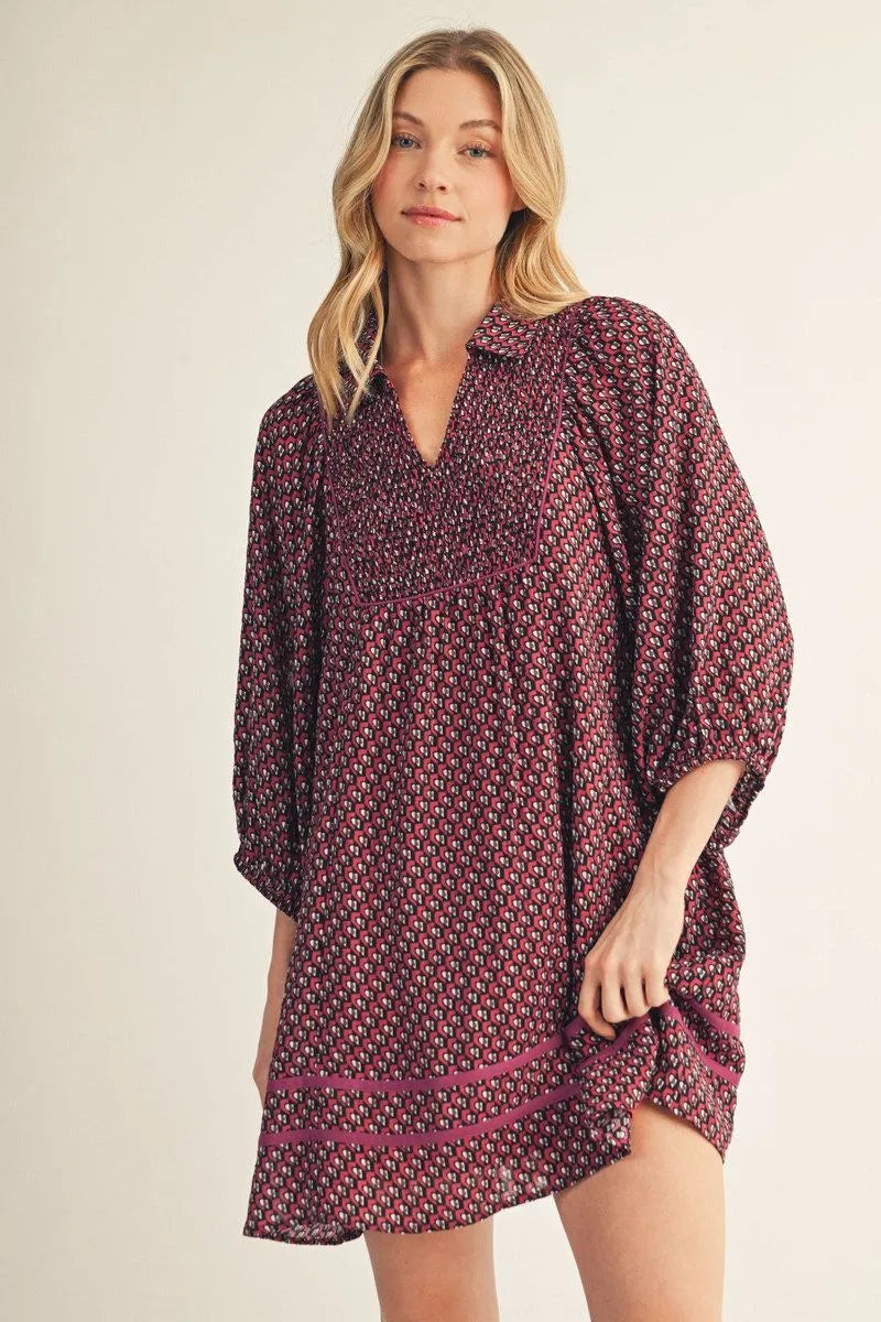 Geo print dress with side pockets, smocking front chest