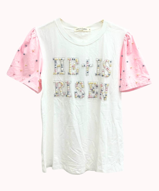 Pearl "He Is Risen" On White Princess Top