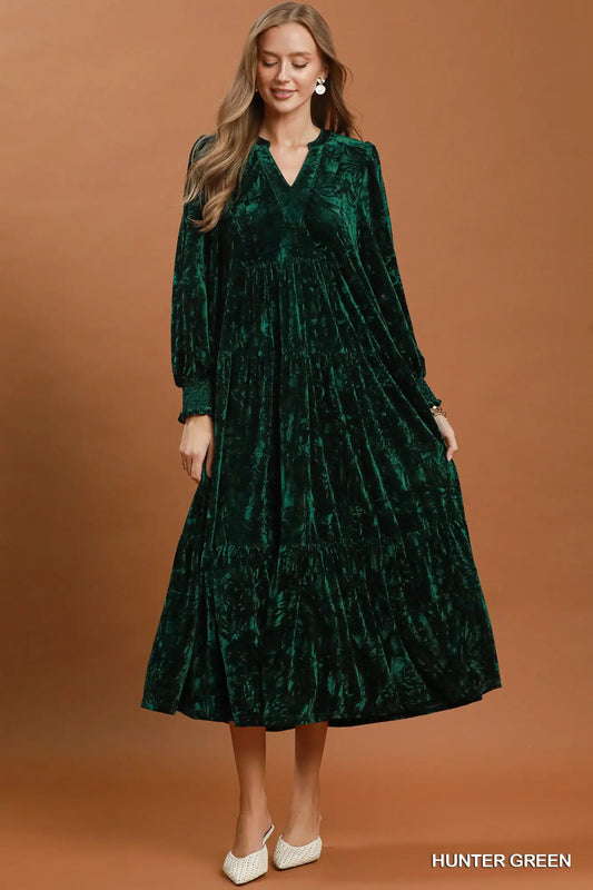 HUNTER GREEN Velvet Tiered Midi Dr