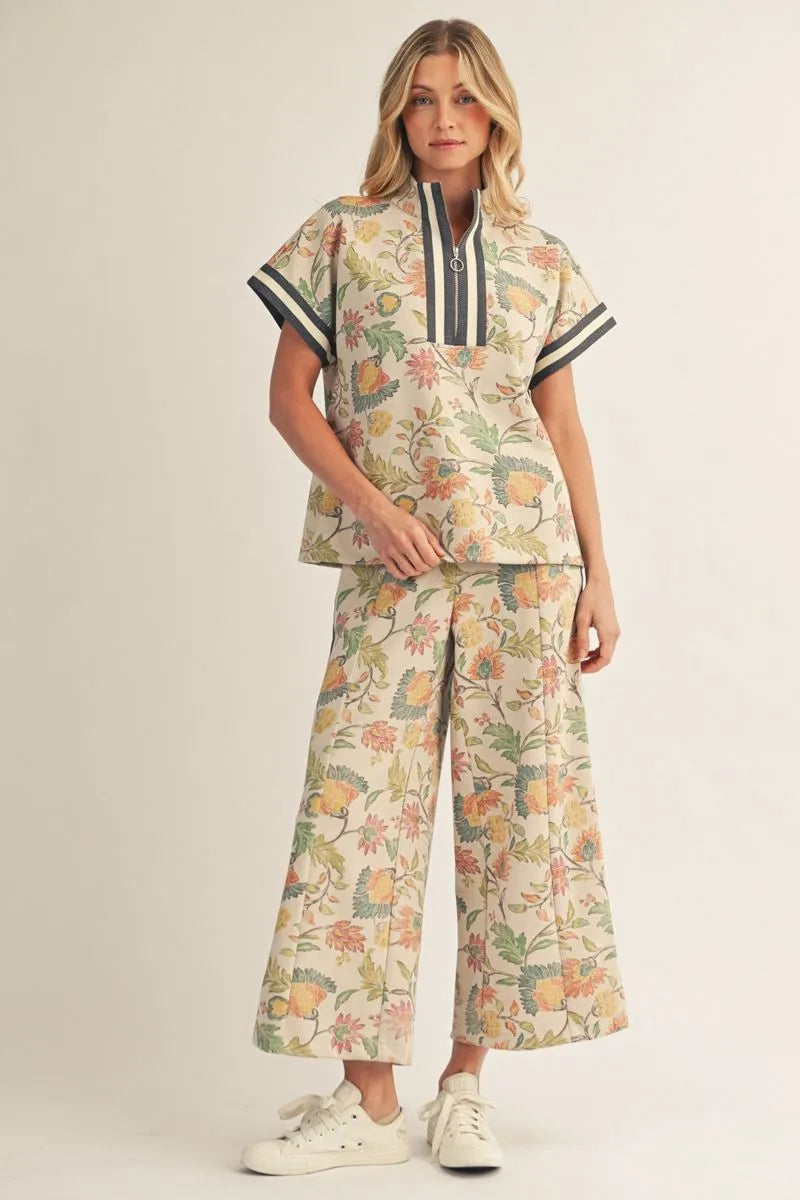 High waist wide leg floral pant set, side pockets