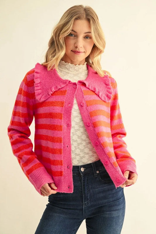 Hot Pink button down stripe cardigan with Peter Pan collar
