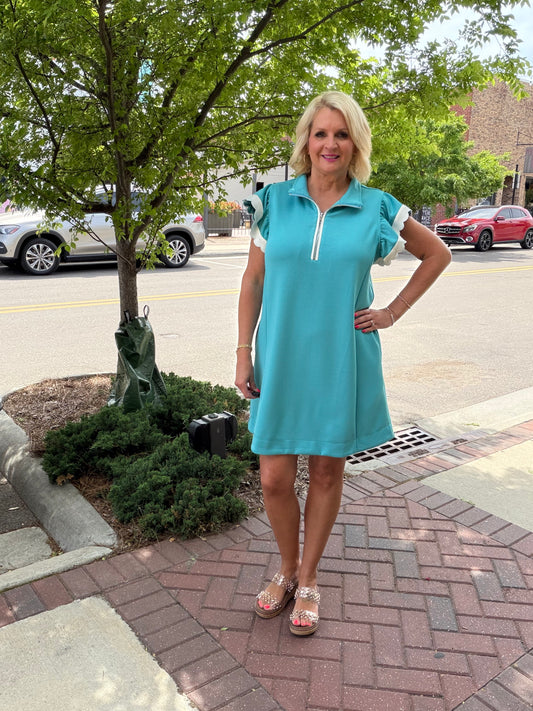 Zip-Neck Flutter Sleeve Dress