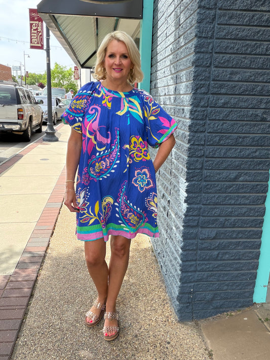 ROYAL BLUE Vibrant Paisley Print Dress