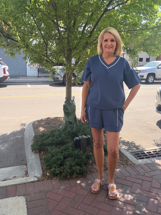 NAVY Modal Scuba V Neck SHORT SET