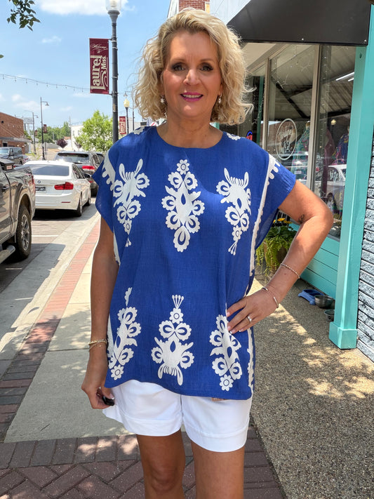 COBALT Border Poncho Style Top