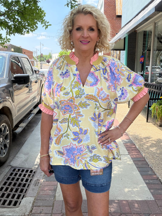 HONEY Botanical print puff sleeve