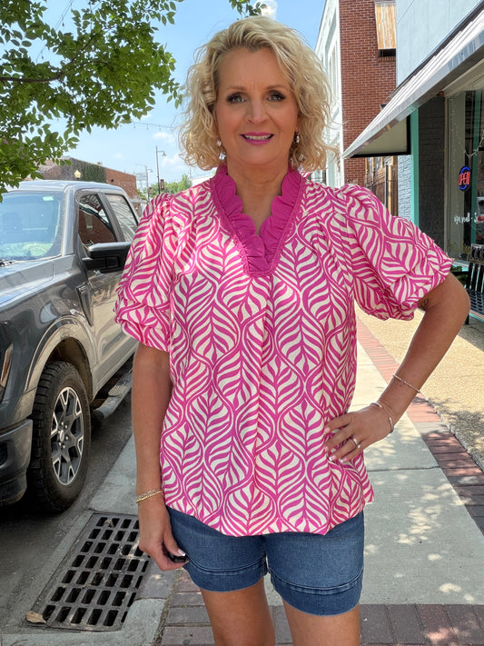 PEONY Puff Sleeve Ruffle Neck Top