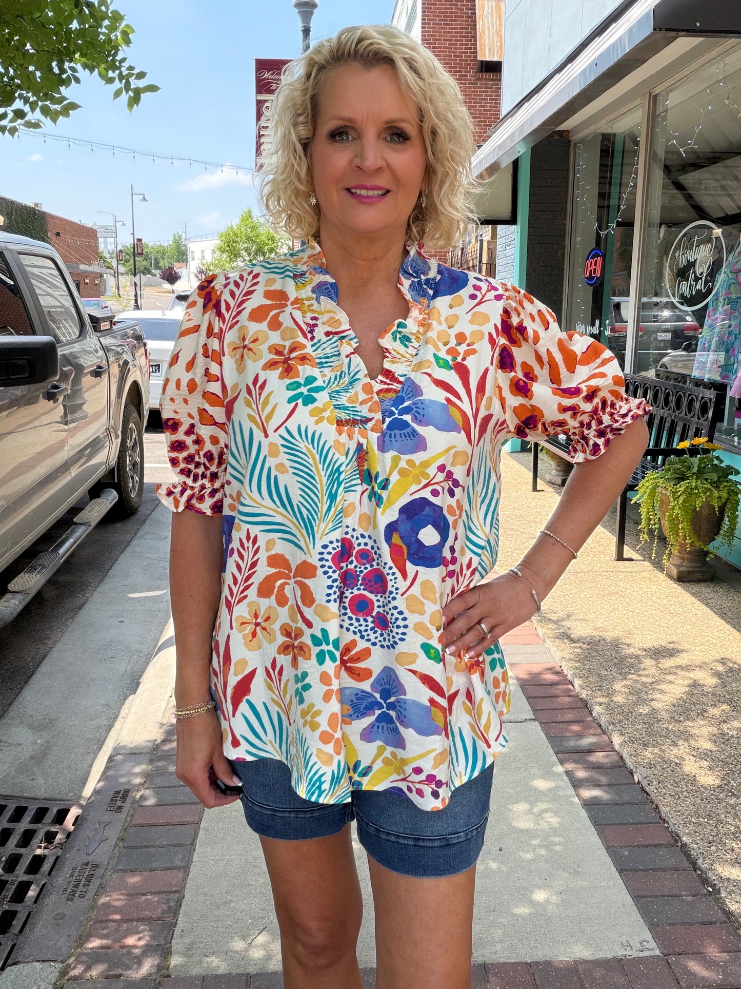 V-Neck Ruffle Trim Puff Sleeve Top