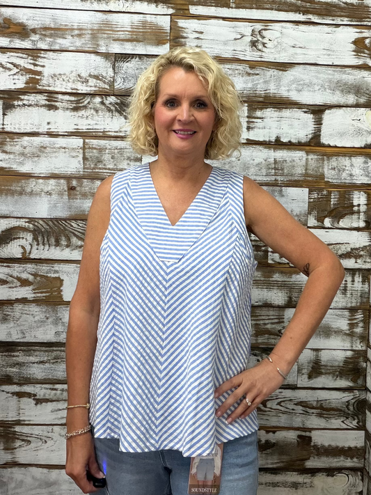 BLUE Mixed Stripe Sleeveless V-Neck Top