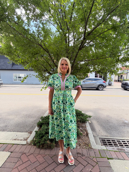 Green Mix Short puff sleeves boho floral midi dress with side pockets