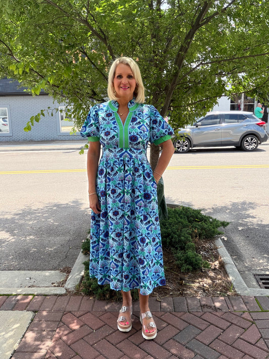 Short puff sleeves boho floral midi dress with side pockets