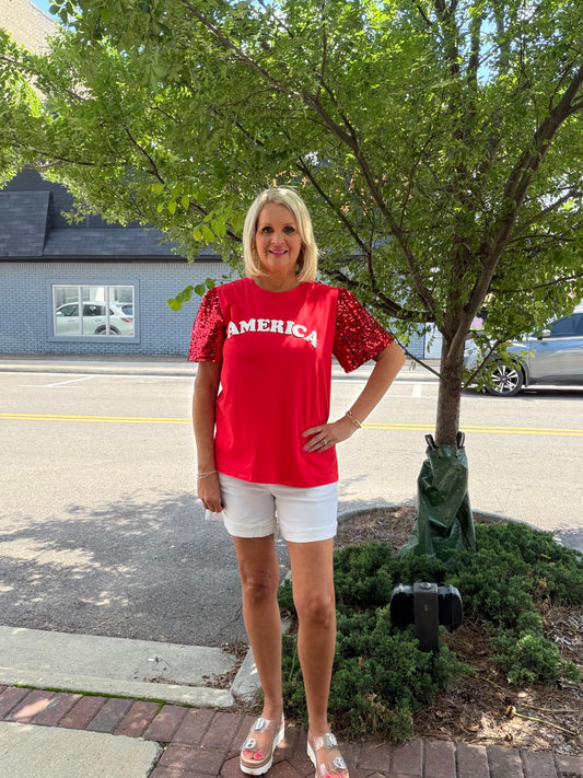 AMERICA RED SEQUIN SLEEVE TOP