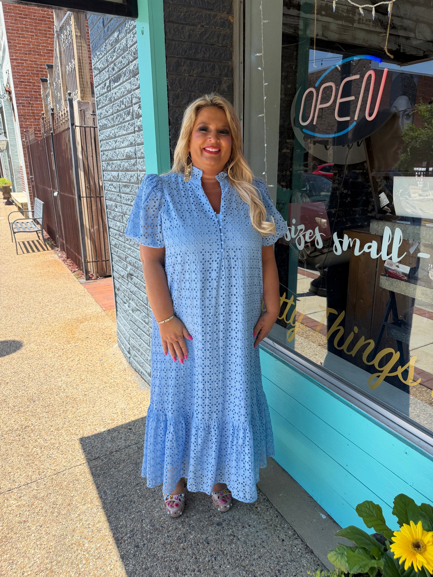 BLUE EYELET MIDI DRESS