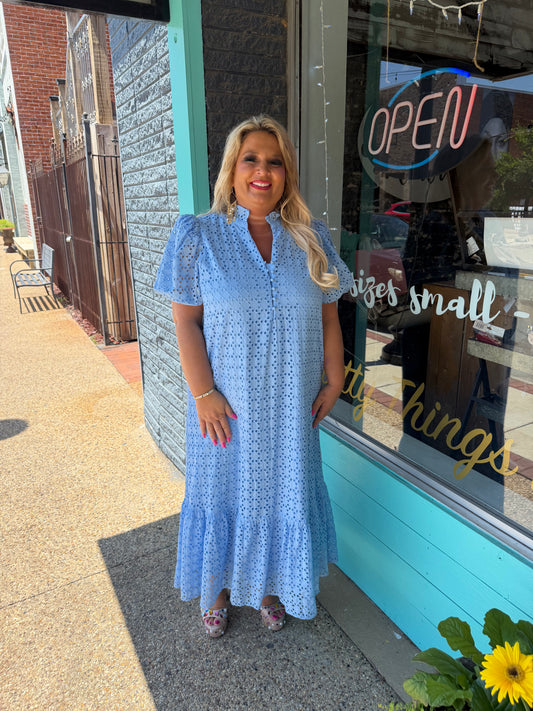 BLUE EYELET MIDI DRESS