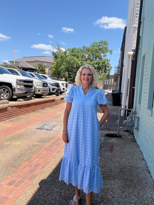 Blue Eyelet short puff sleeve midi dress