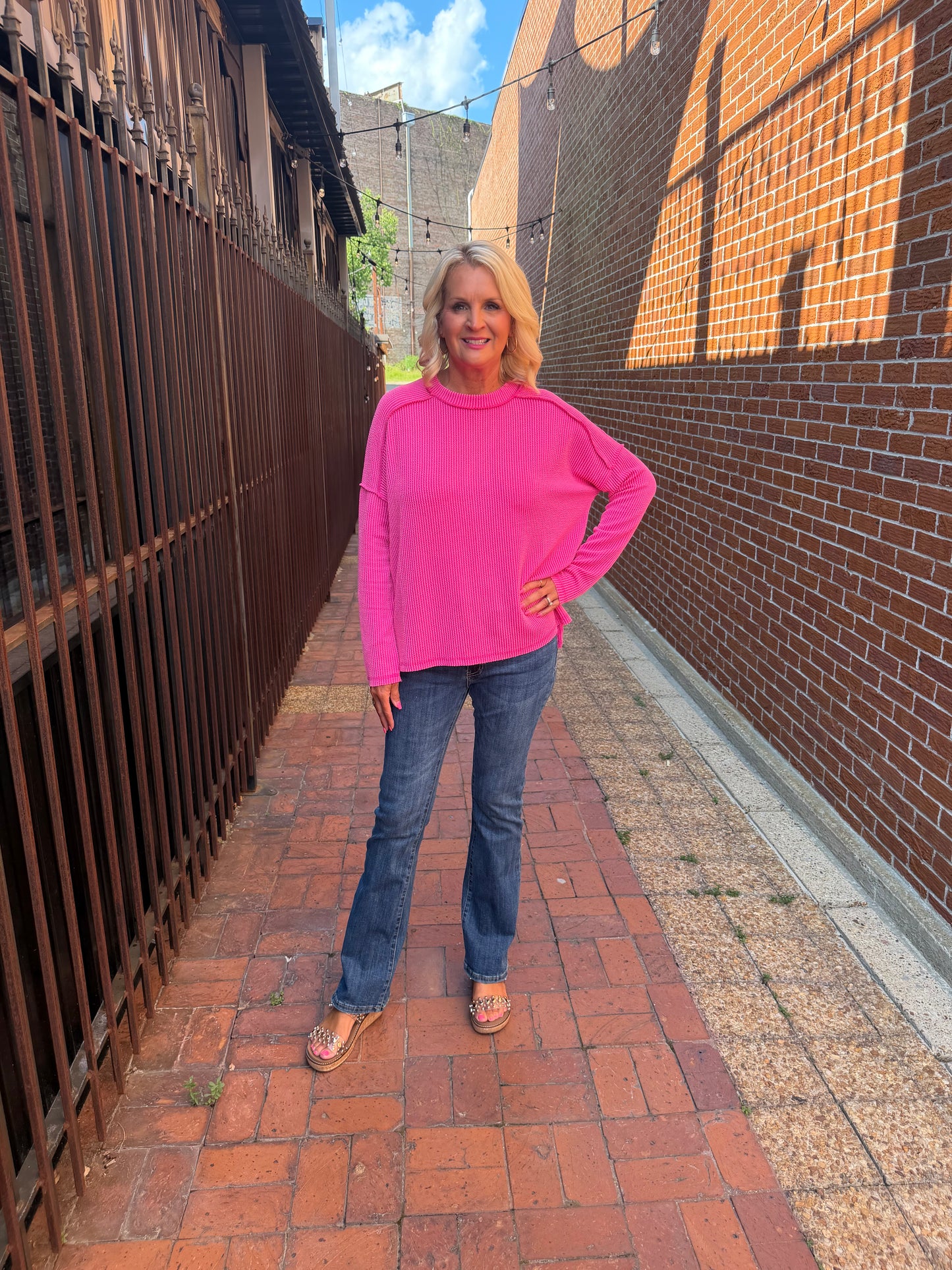 HOT PINK Rib Raw Edge Boat Neck Top