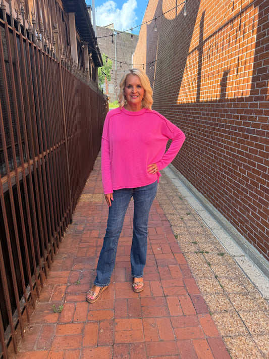 HOT PINK Rib Raw Edge Boat Neck Top