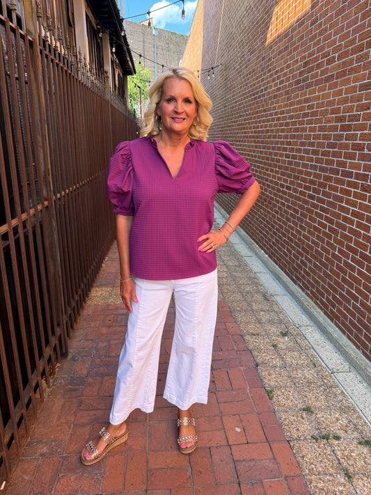 PLUM PUFF SLV RUFFLE TOP