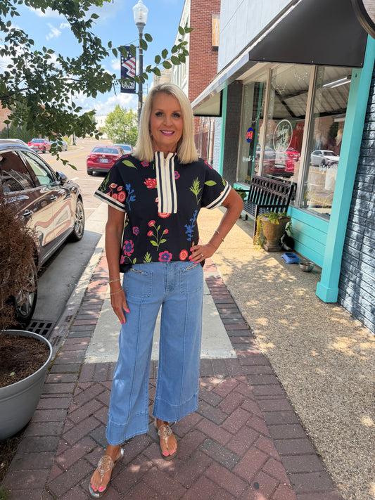 Drop shoulder front zip up floral top