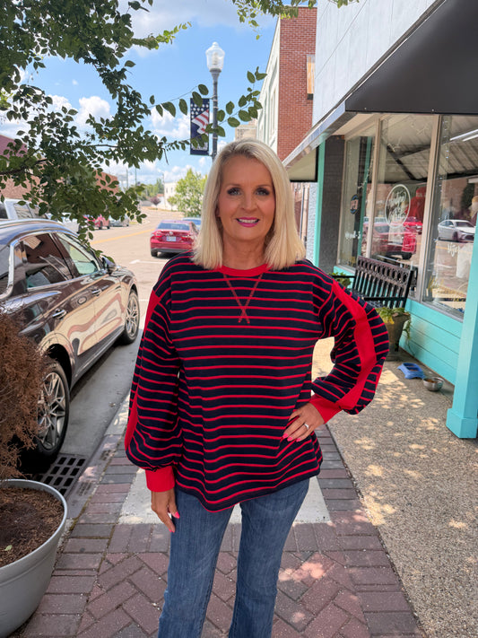 Puff sleeves stripe top with solid contrast