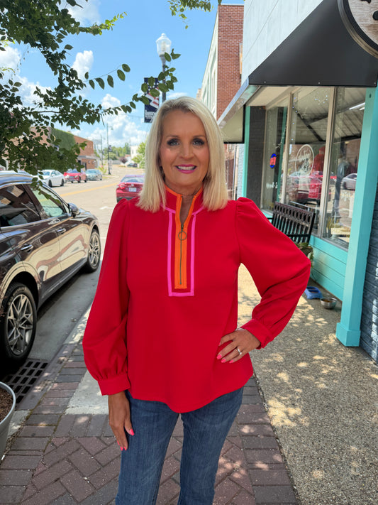 Red puff sleeves front zip up casual top