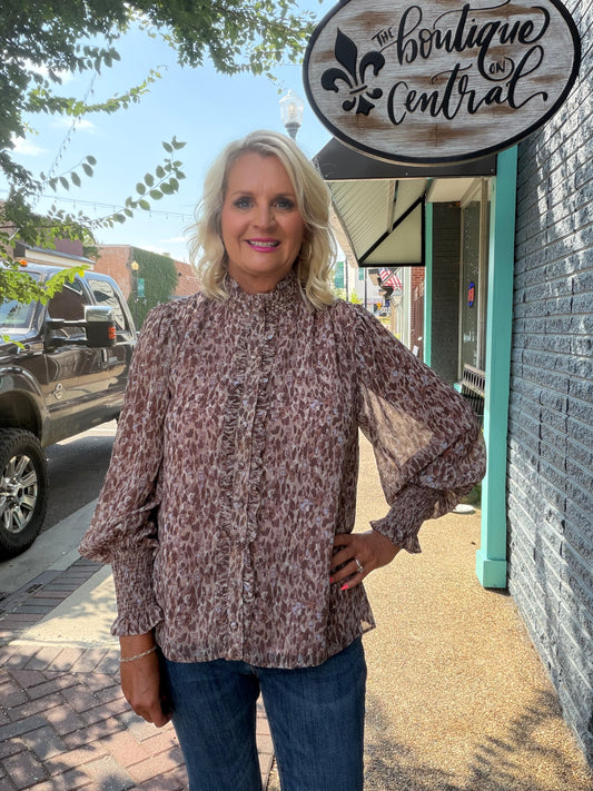 Ruffled Placket Long Sleeve Blouse