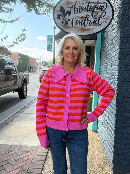 Hot Pink button down stripe cardigan with Peter Pan collar