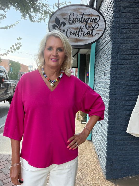 Magenta Drop shoulder 3/4 sleeves v neck top