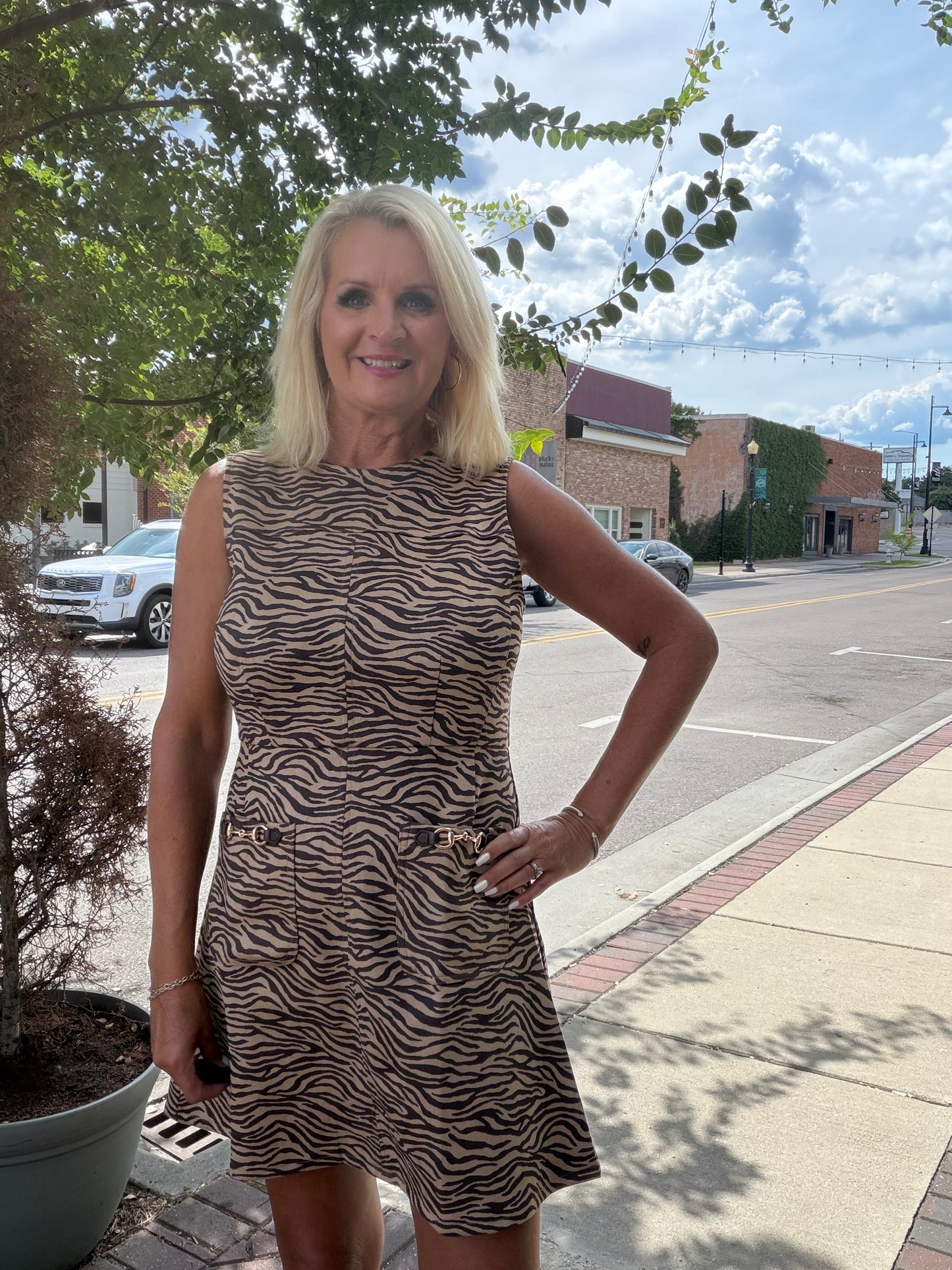 Animal print sleeveless mini dress with a round neckline