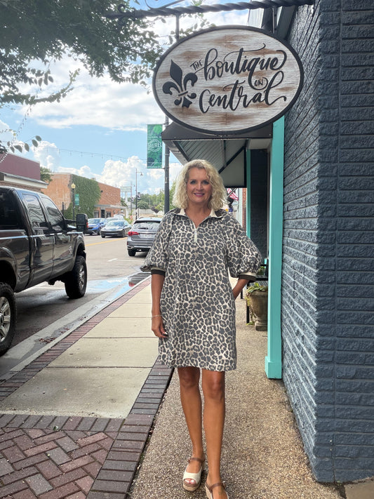 Leopard Print Quarter Zip Puff Sleeve Mini Dress