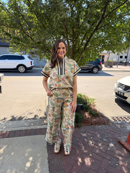 High waist wide leg floral pant set, side pockets