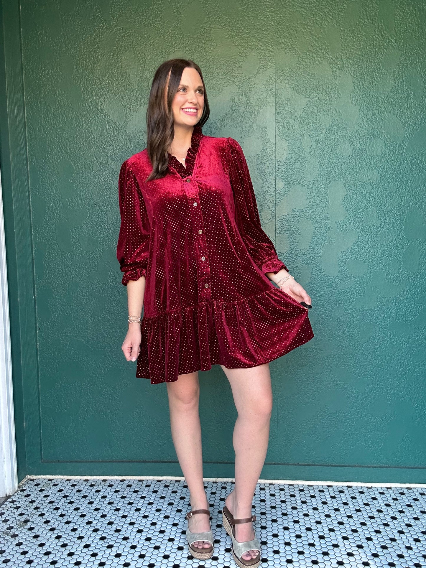 WINE Velvet Ruffle Collar Dr