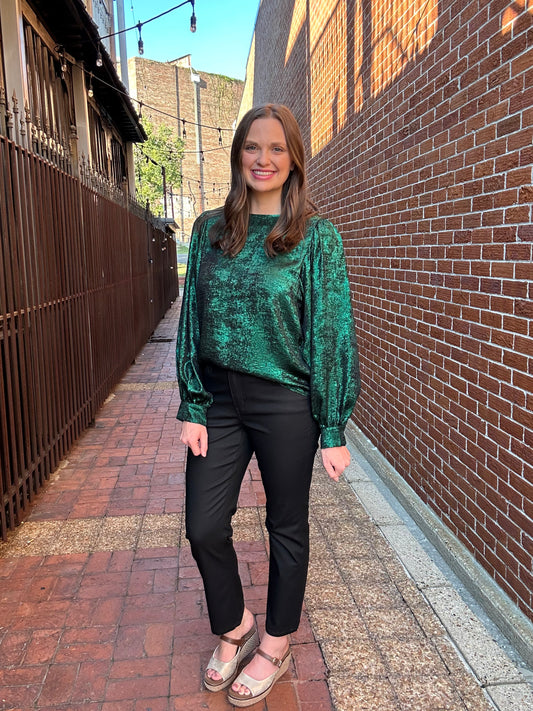 HUNTER GREEN Balloon Sl Metallic Woven Top