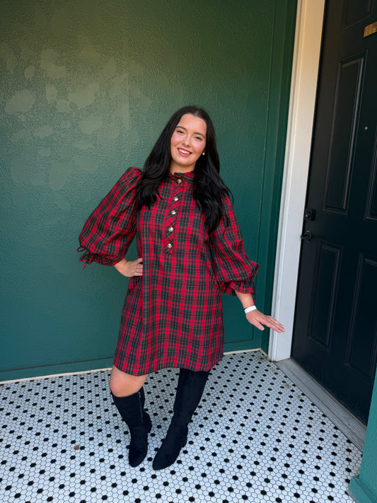 PLAID RED/GREEN DR W/GOLD BUTTONS