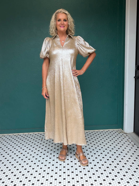 Champagne V-Neck Puff Sleeve Pleated Lurex Midi Dress