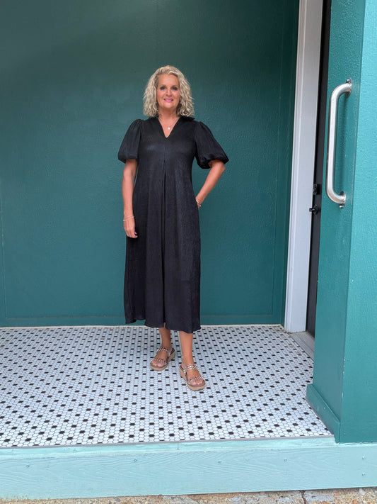 Black V-Neck Puff Sleeve Pleated Lurex Midi Dress