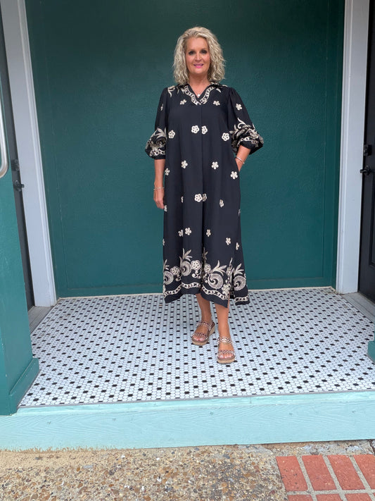 BLACK Embroidered Floral Midi Dress