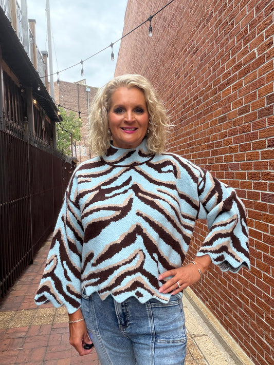 LT BLUE ANIMAL MOCK NECK SWEATER