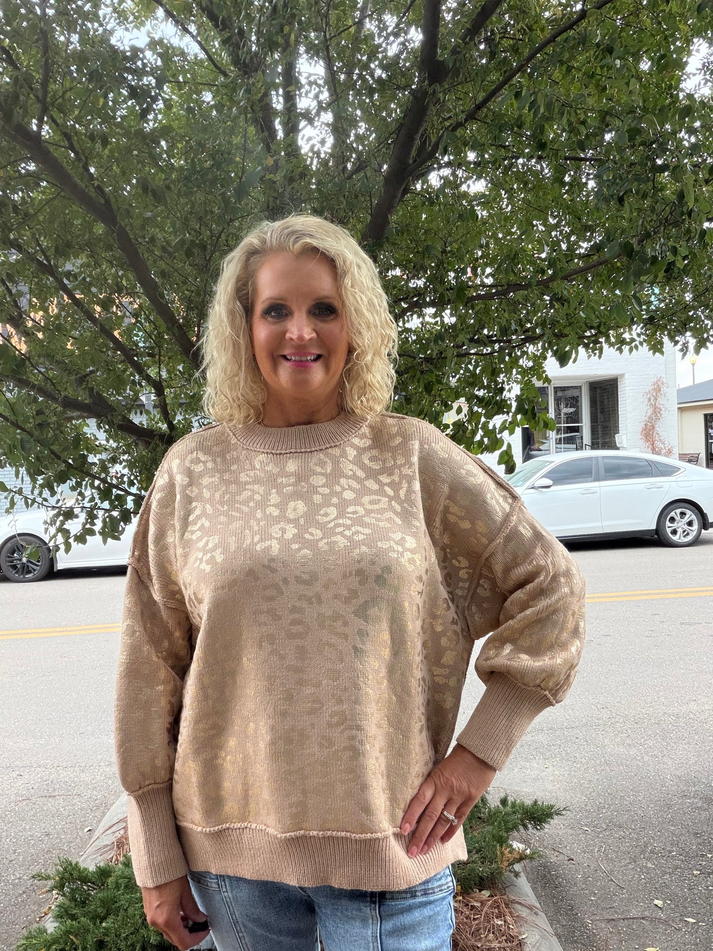 Metallic Foil Cable Knitted Crew Neck