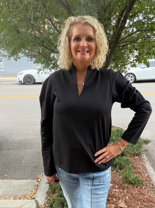 Shoulder puff detail long sleeves slit neck