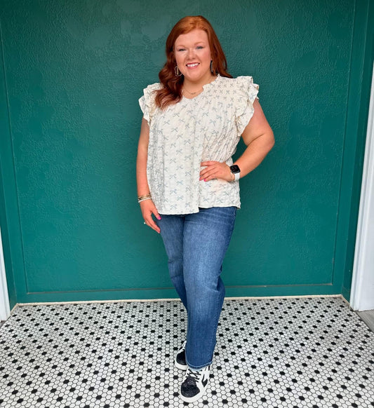 +BLUE/CREAM BOW TOP