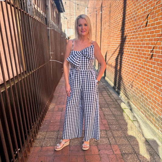 BLACK/WHITE PLAID JUMPSUIT BOW FRONT
