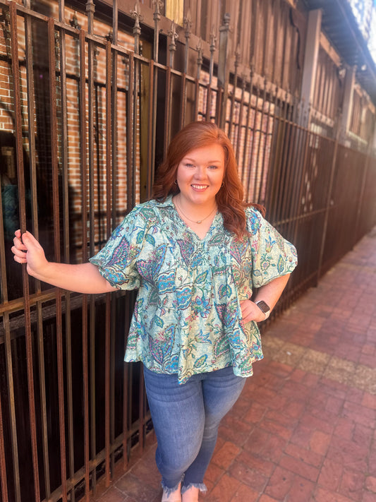 +Lt. Blue Mix Paisley Print V Neck Top