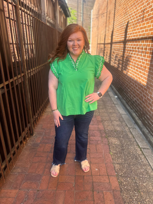 +Kelly Green Scallop Trim Ruffle Sleeve Top