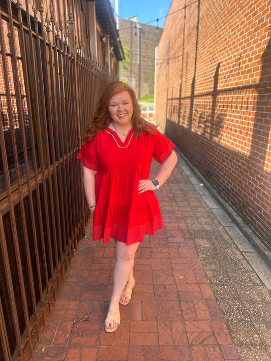 Cherry Red Tiered V-Neck Dress