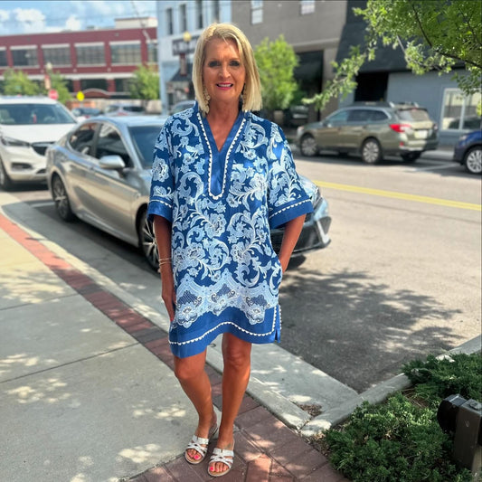Scallop Trim Printed Tunic Dress