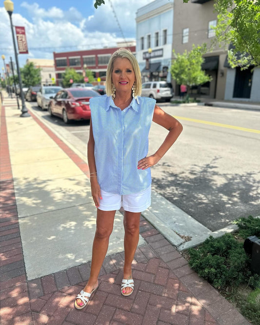 Rhinestone Collared Top, Blue