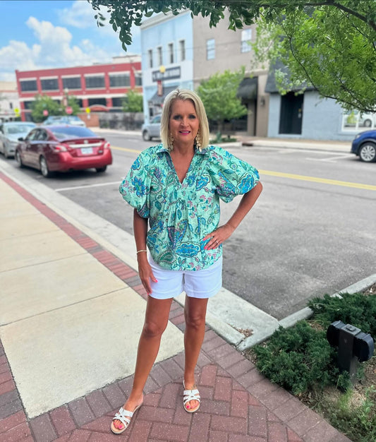 LT BLUE MIX V NECK TOP