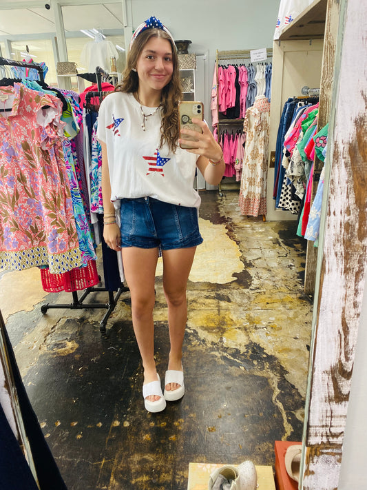 OFF WHITE W/RED-WHITE BLUE SEQUIN STARS