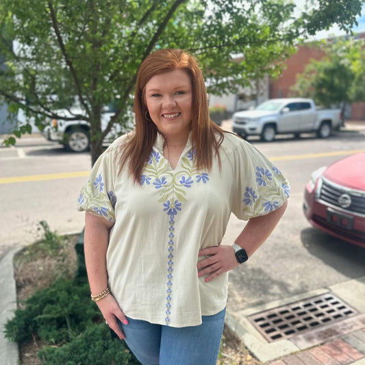 +Natural Floral Embroidered Puff Sleeve Top